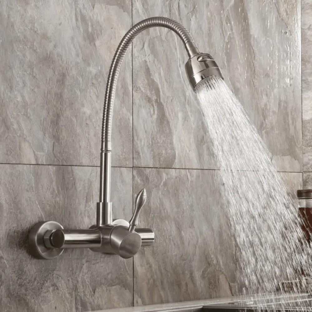 Brushed Nickel Wall Mount Kitchen Tap with Dual Function Sprayer Stainless Steel -Bathlova