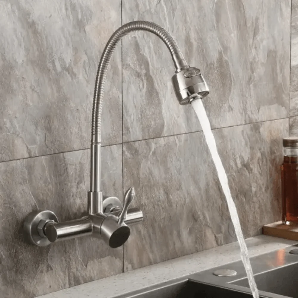 Brushed Nickel Wall Mount Kitchen Tap with Dual Function Sprayer Stainless Steel -Bathlova