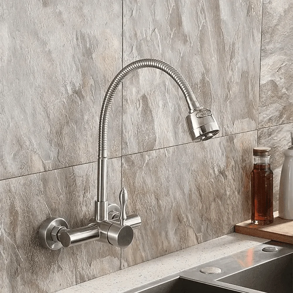 Brushed Nickel Wall Mount Kitchen Tap with Dual Function Sprayer Stainless Steel -Bathlova