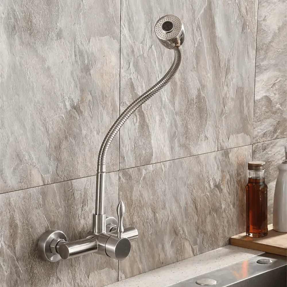 Brushed Nickel Wall Mount Kitchen Tap with Dual Function Sprayer Stainless Steel -Bathlova