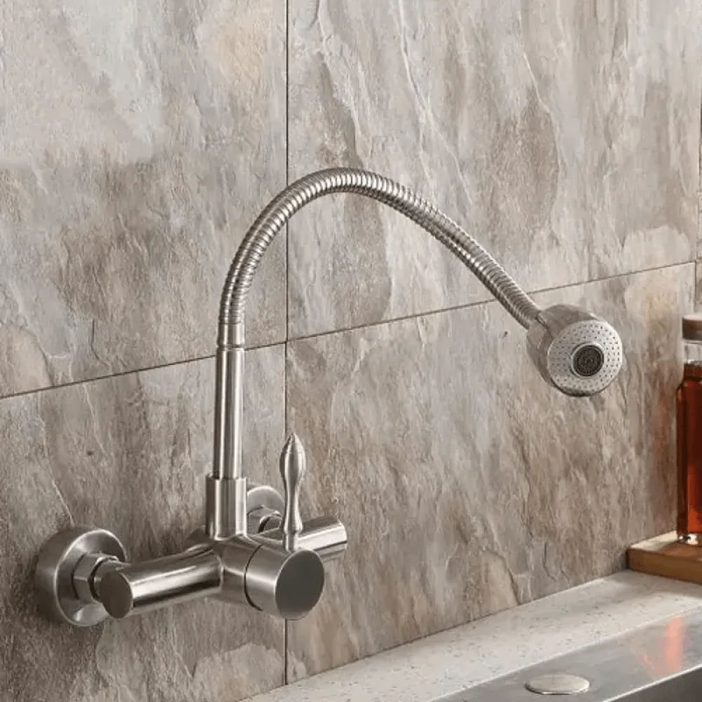 Brushed Nickel Wall Mount Kitchen Tap with Dual Function Sprayer Stainless Steel -Bathlova