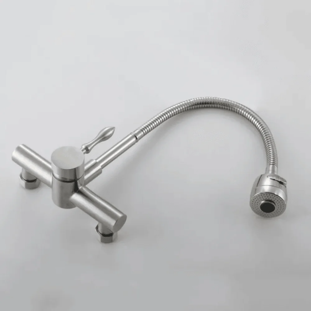 Brushed Nickel Wall Mount Kitchen Tap with Dual Function Sprayer Stainless Steel -Bathlova