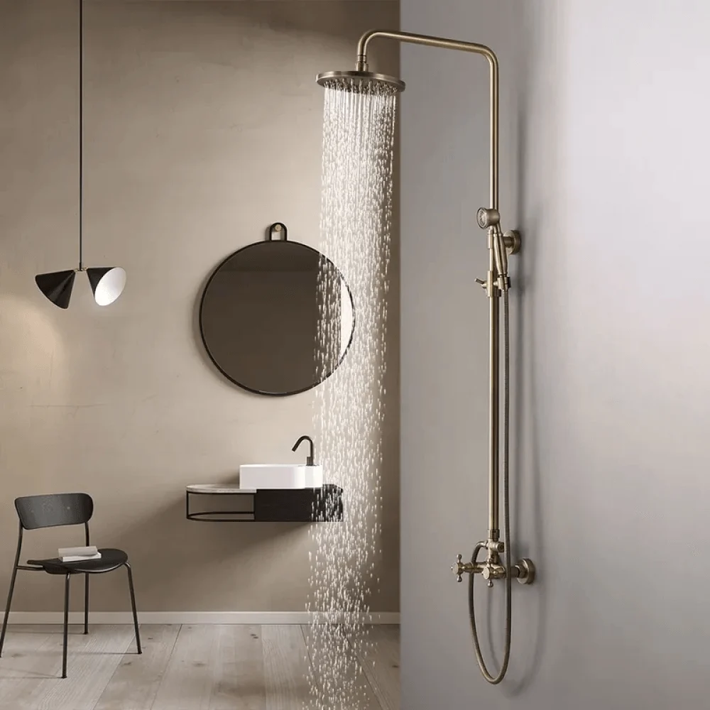 Classic Exposed Antique Brass Shower Fixture - Two Handle Round Rain shower -Bathlova