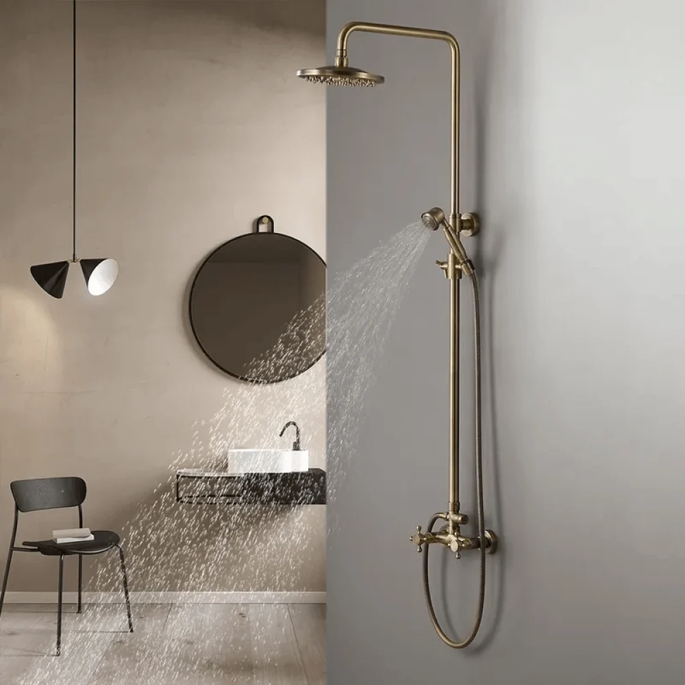 Classic Exposed Antique Brass Shower Fixture - Two Handle Round Rain shower -Bathlova