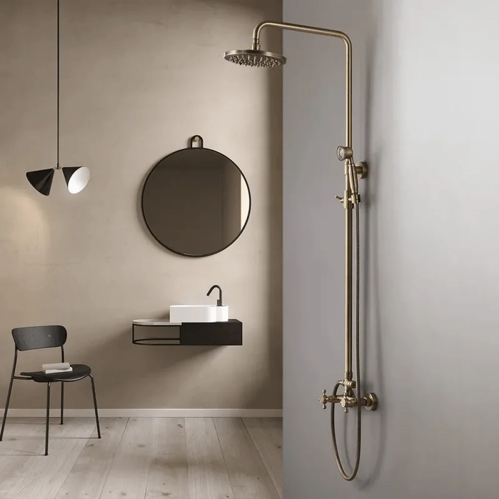 Classic Exposed Antique Brass Shower Fixture - Two Handle Round Rain shower -Bathlova