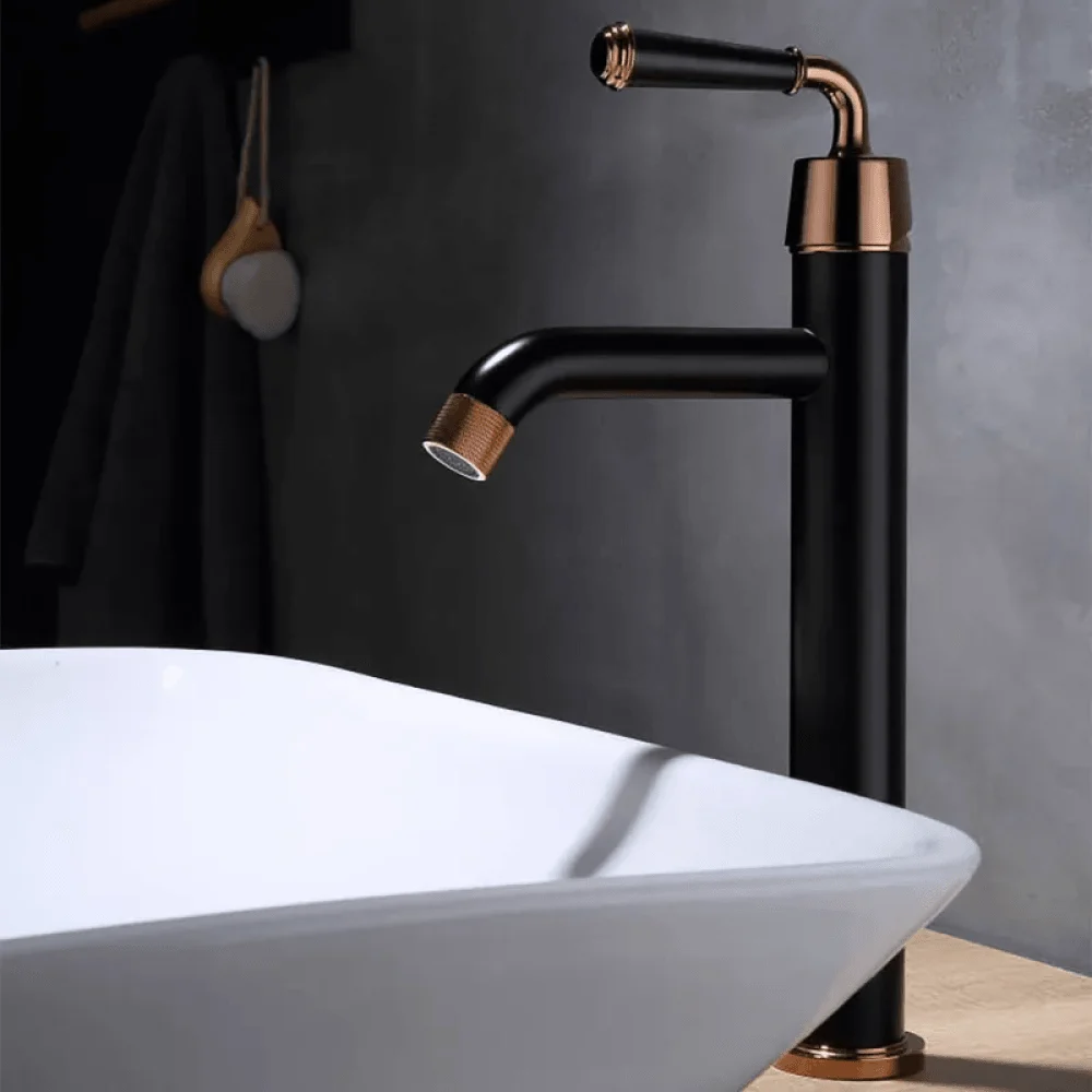 Classic Single Handle Vessel Bathroom Tap in Black & Rose Gold - Single Hole -Bathlova