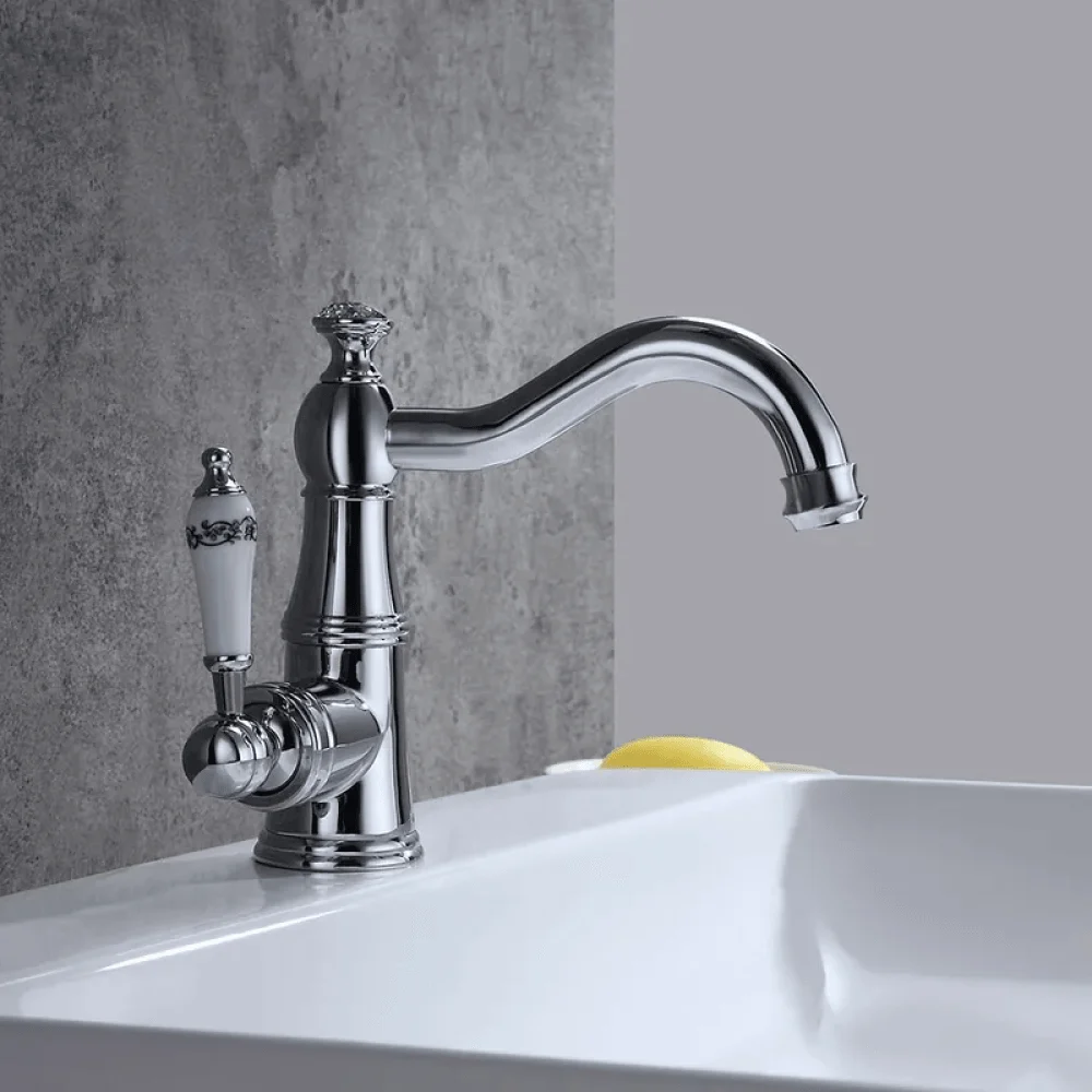 Classic White Porcelain Bathroom Tap in Polished Chrome - Victorian Style 1-Hole -Bathlova