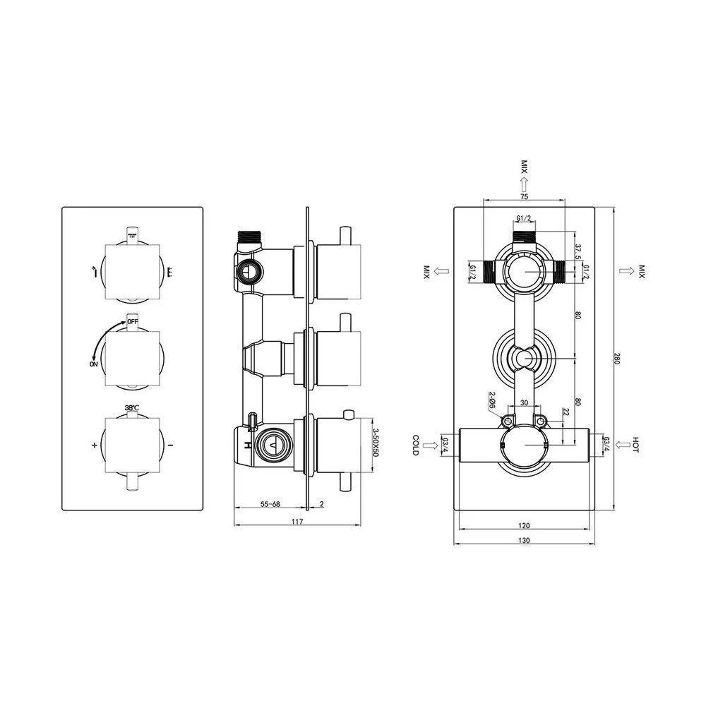 Concealed Thermostatic Mixer Control Valve with Three Handle Shower -Bathlova