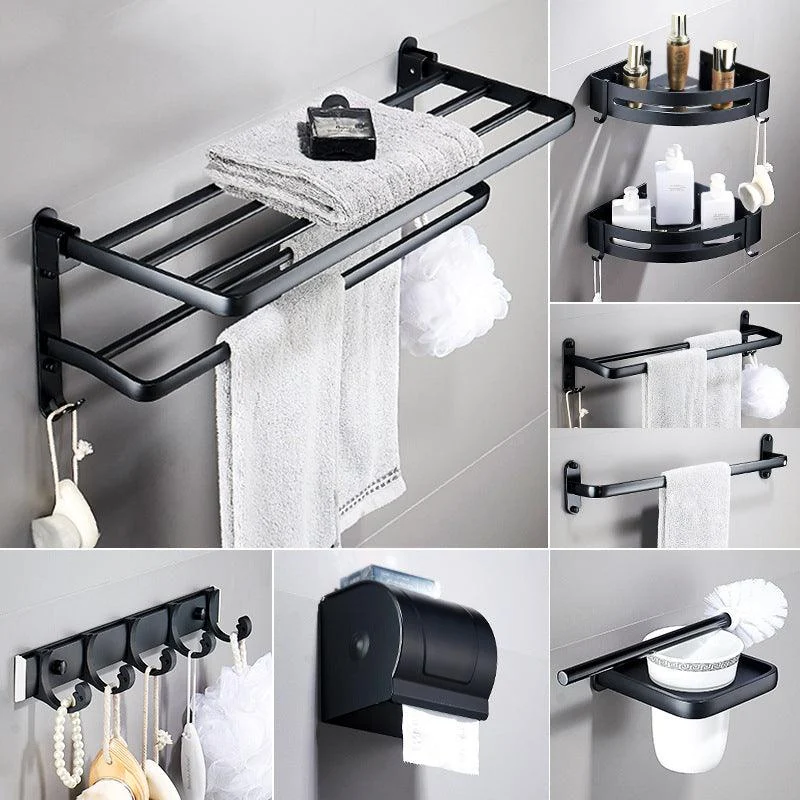 Contemporary 8-Piece Bathroom Hardware Set Matte Black Bath Shelf/Paper Holder/Robe Hooks -Bathlova