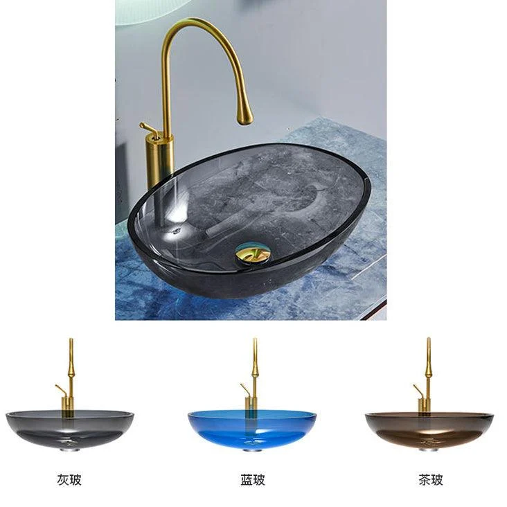 Contemporary Bathroom Sink Glass Oval-Shape Vessel Bathroom Sink with Pop-Up Drain -Bathlova