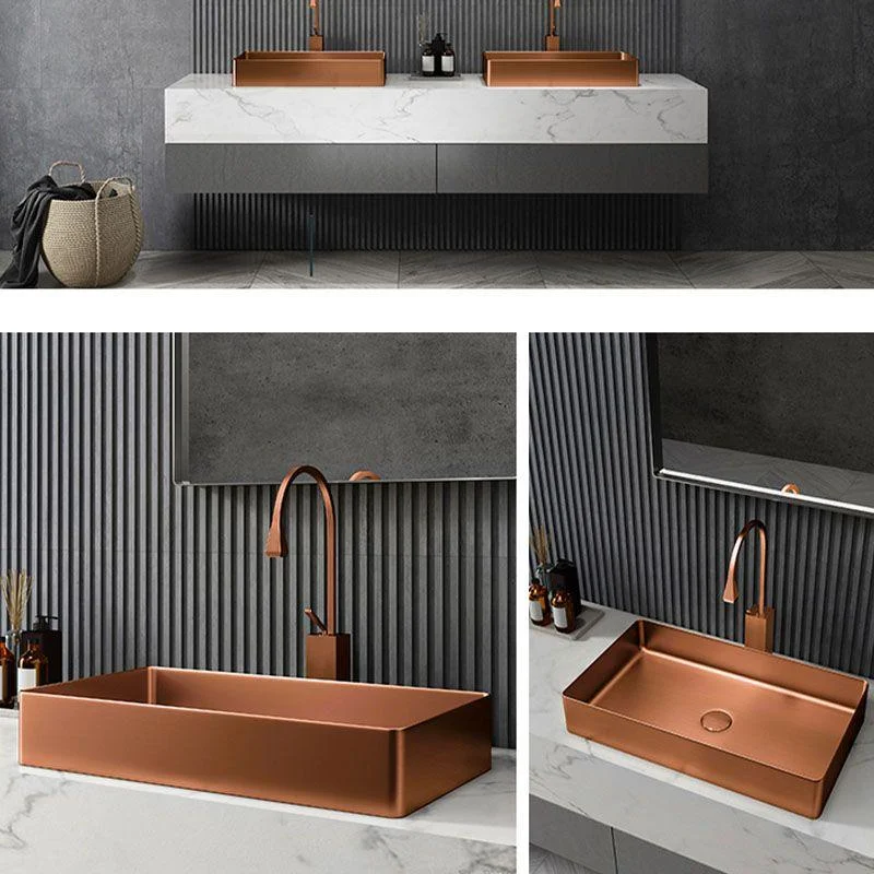 Contemporary Bathroom Sink Metal Rectangular Vessel Bathroom Sink with Pop-Up Drain -Bathlova