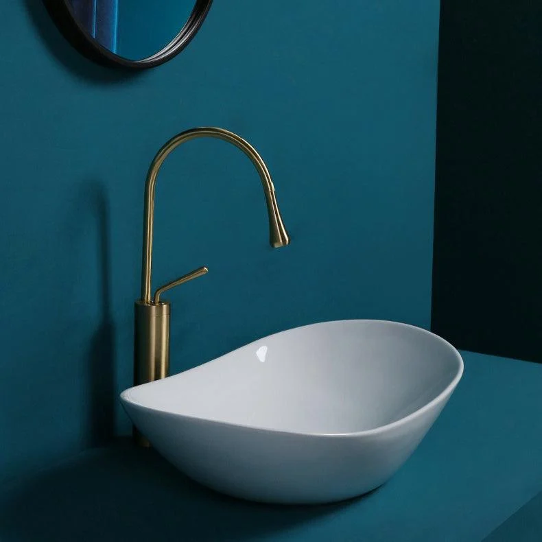 Contemporary Bathroom Sink Pop-Up Drain Porcelain Solid Color Oval-Shape Vessel Sink -Bathlova