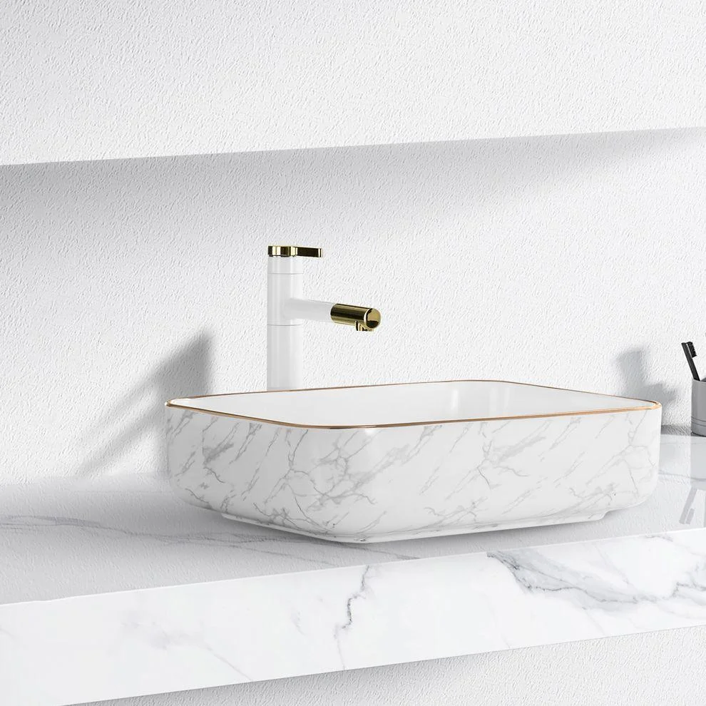 Contemporary Bathroom Sink Pop-Up Drain Porcelain Solid Color Rectangular Vessel -Bathlova