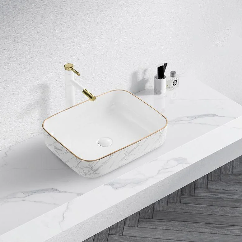 Contemporary Bathroom Sink Pop-Up Drain Porcelain Solid Color Rectangular Vessel -Bathlova