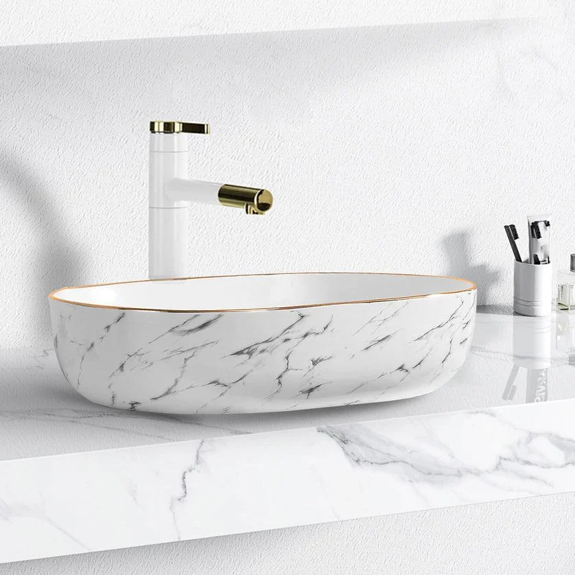 Contemporary Bathroom Sink Pop-Up Drain Porcelain Solid Color Rectangular Vessel -Bathlova