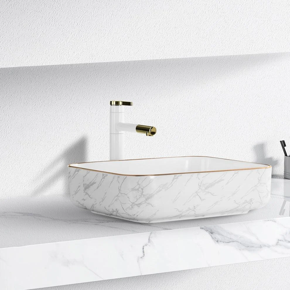 Contemporary Bathroom Sink Pop-Up Drain Porcelain Solid Color Rectangular Vessel -Bathlova