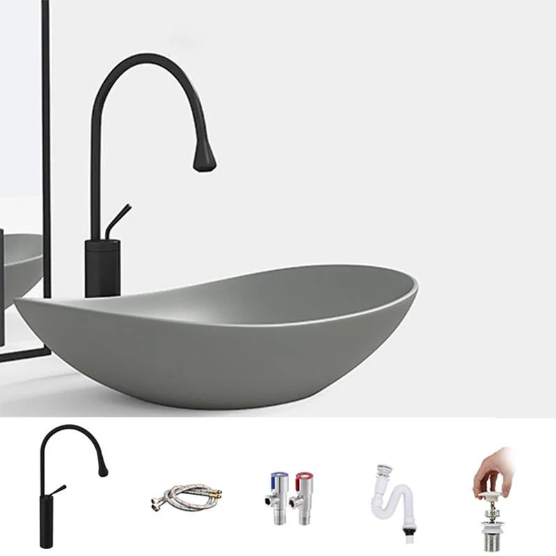 Contemporary Bathroom Sink Porcelain Oval-Shape Vessel Lavatory Sink with Pop-Up Drain -Bathlova