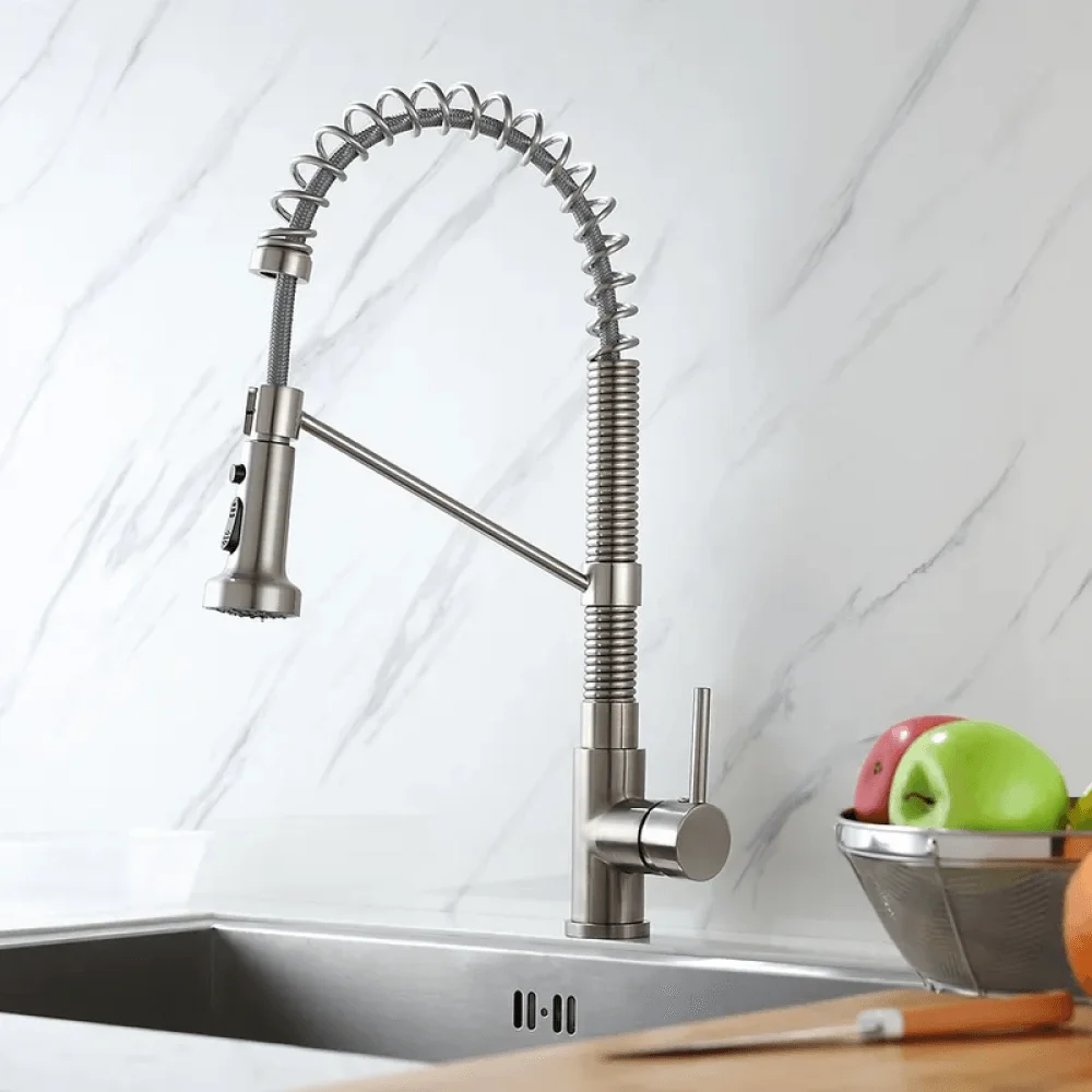 Contemporary Design Spring Pull-Out Kitchen Tap in Brushed Nickel -Bathlova