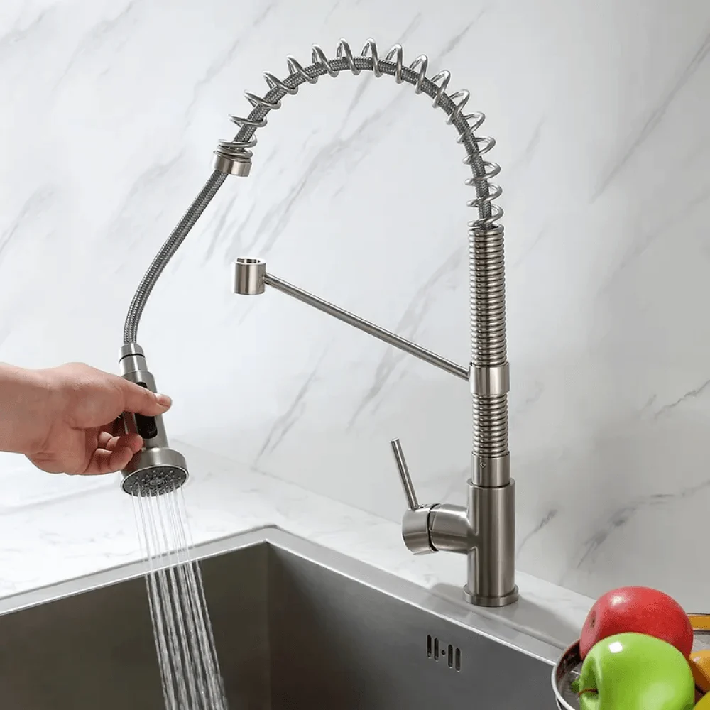 Contemporary Design Spring Pull-Out Kitchen Tap in Brushed Nickel -Bathlova