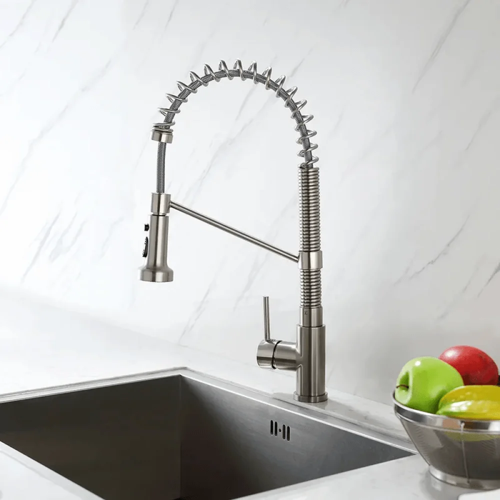 Contemporary Design Spring Pull-Out Kitchen Tap in Brushed Nickel -Bathlova