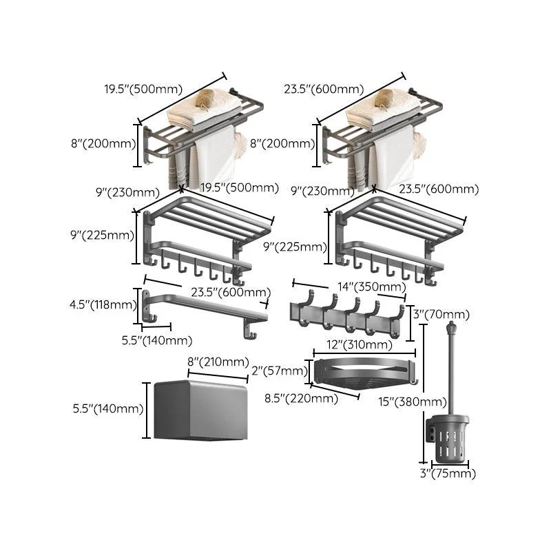 Contemporary Gray Bathroom Hardware Set with Bath Shelf/Towel Bar/Robe Hooks/Paper Holder -Bathlova