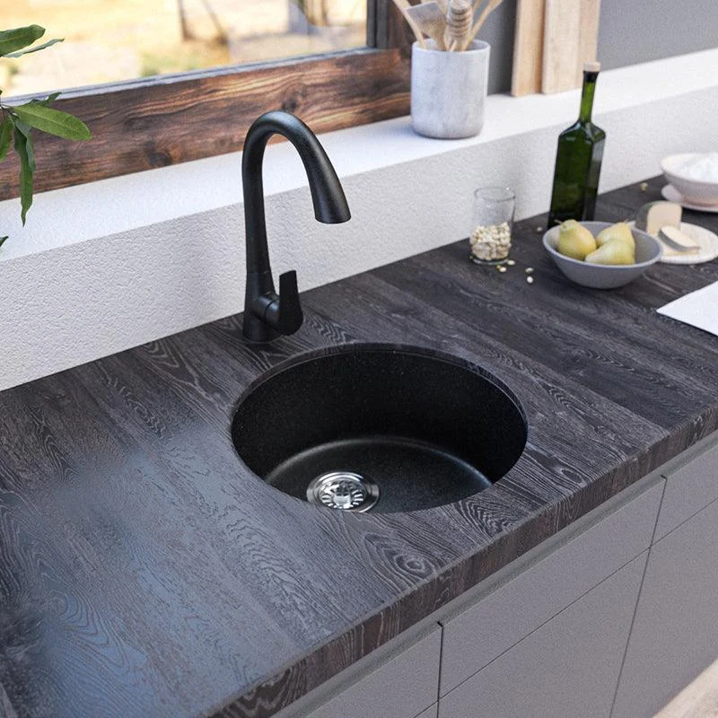 Contemporary Kitchen Sink Black Round Quartz Drop-In Single Bowl(Not Included Tap) -Bathlova