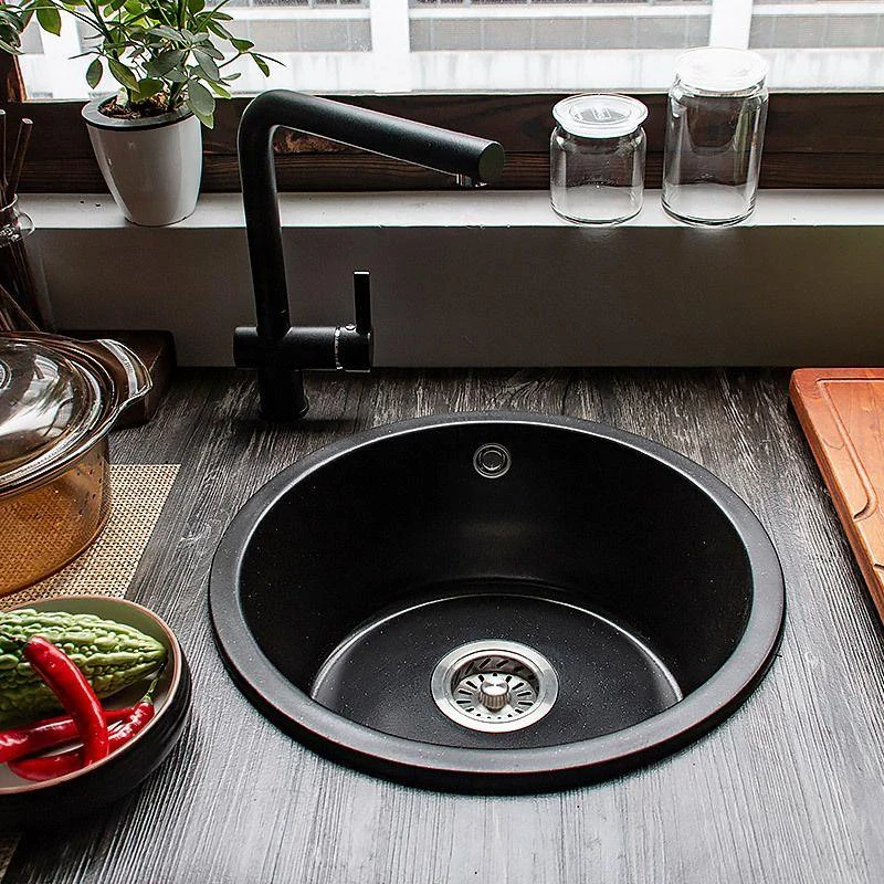 Contemporary Kitchen Sink Black Round Quartz Drop-In Single Bowl(Not Included Tap) -Bathlova