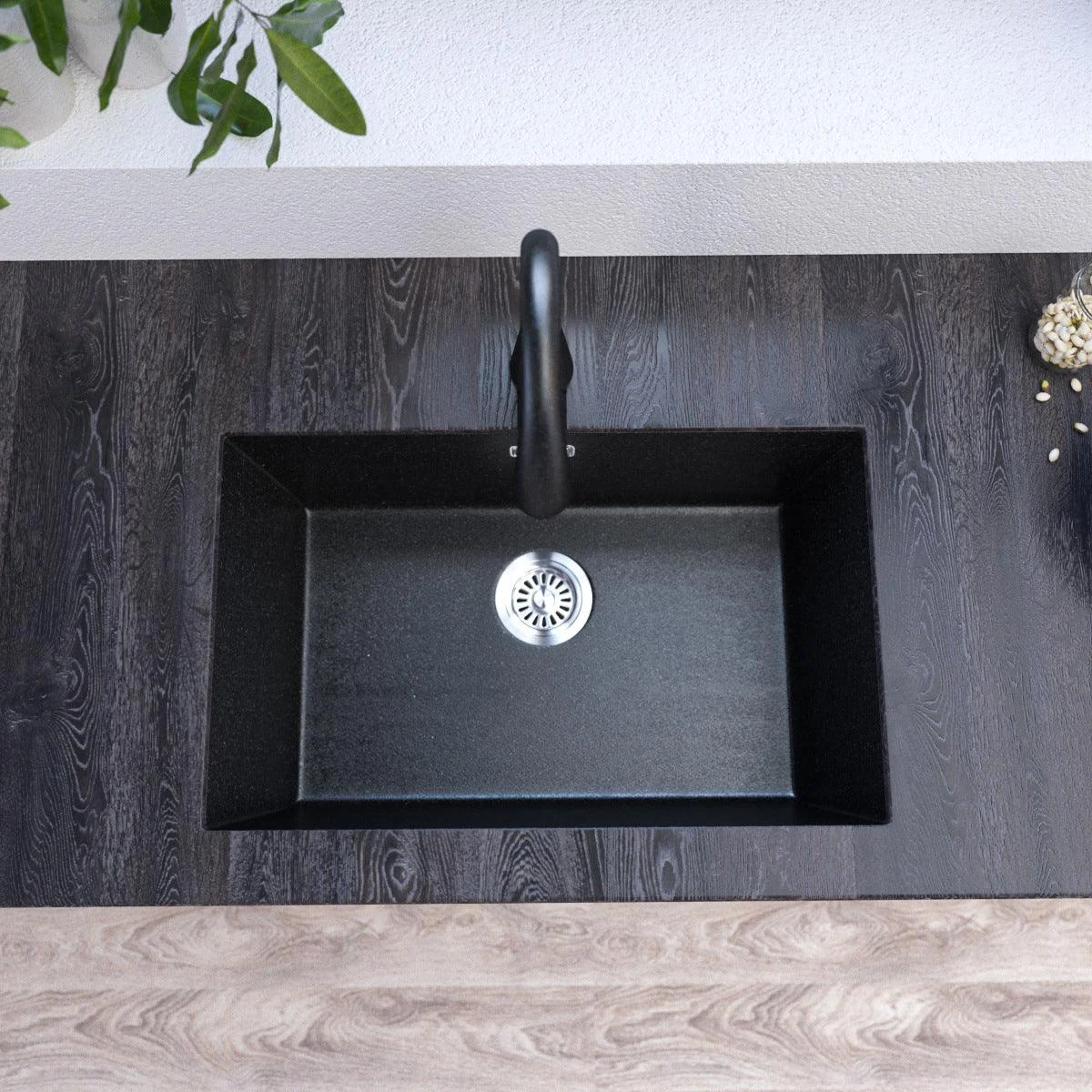 Contemporary Kitchen Sink Black Square Quartz Single Bowl without Tap -Bathlova