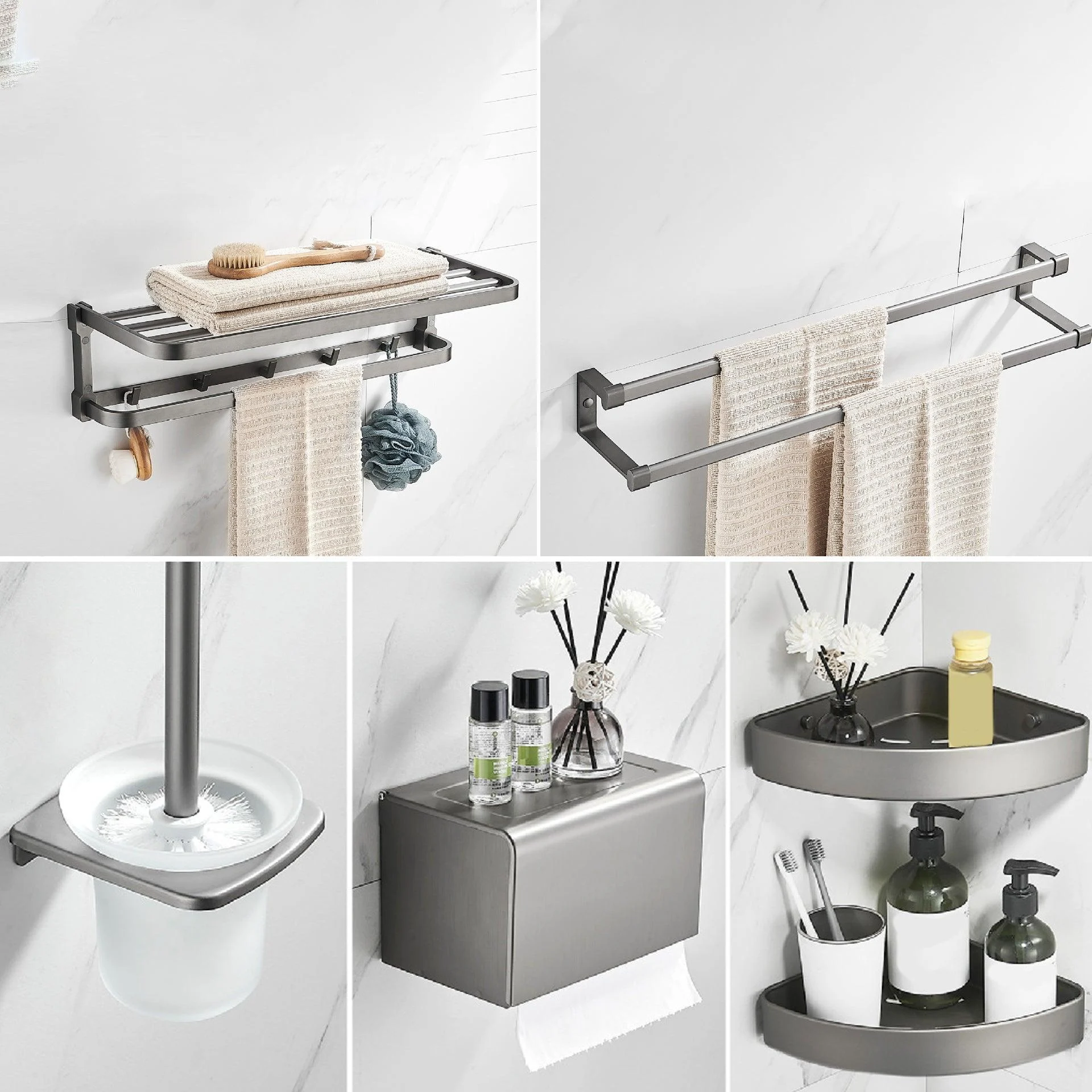 Contemporary Metal 6-Piece Bathroom Accessory Set with Bath Shelf -Bathlova