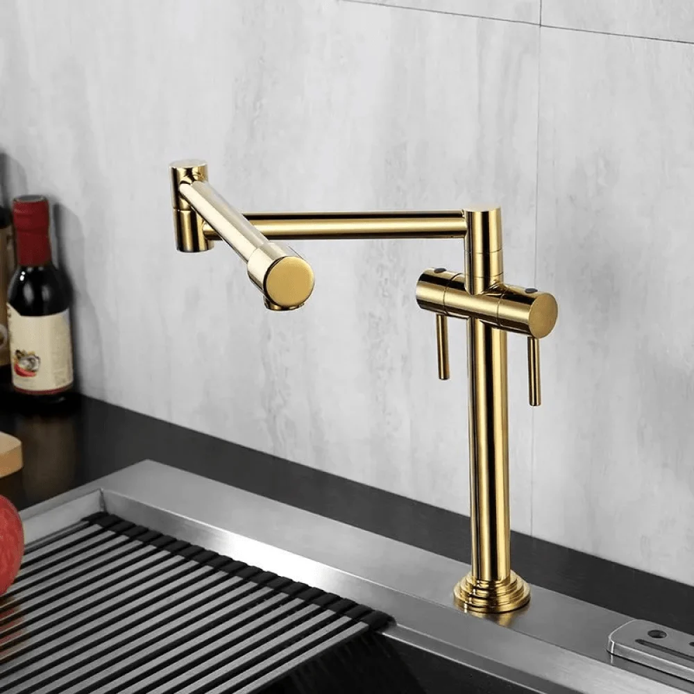 Contemporary Retractable Pot Filler Kitchen Tap in Gold Solid Brass -Bathlova