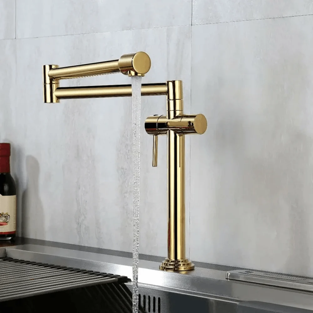 Contemporary Retractable Pot Filler Kitchen Tap in Gold Solid Brass -Bathlova