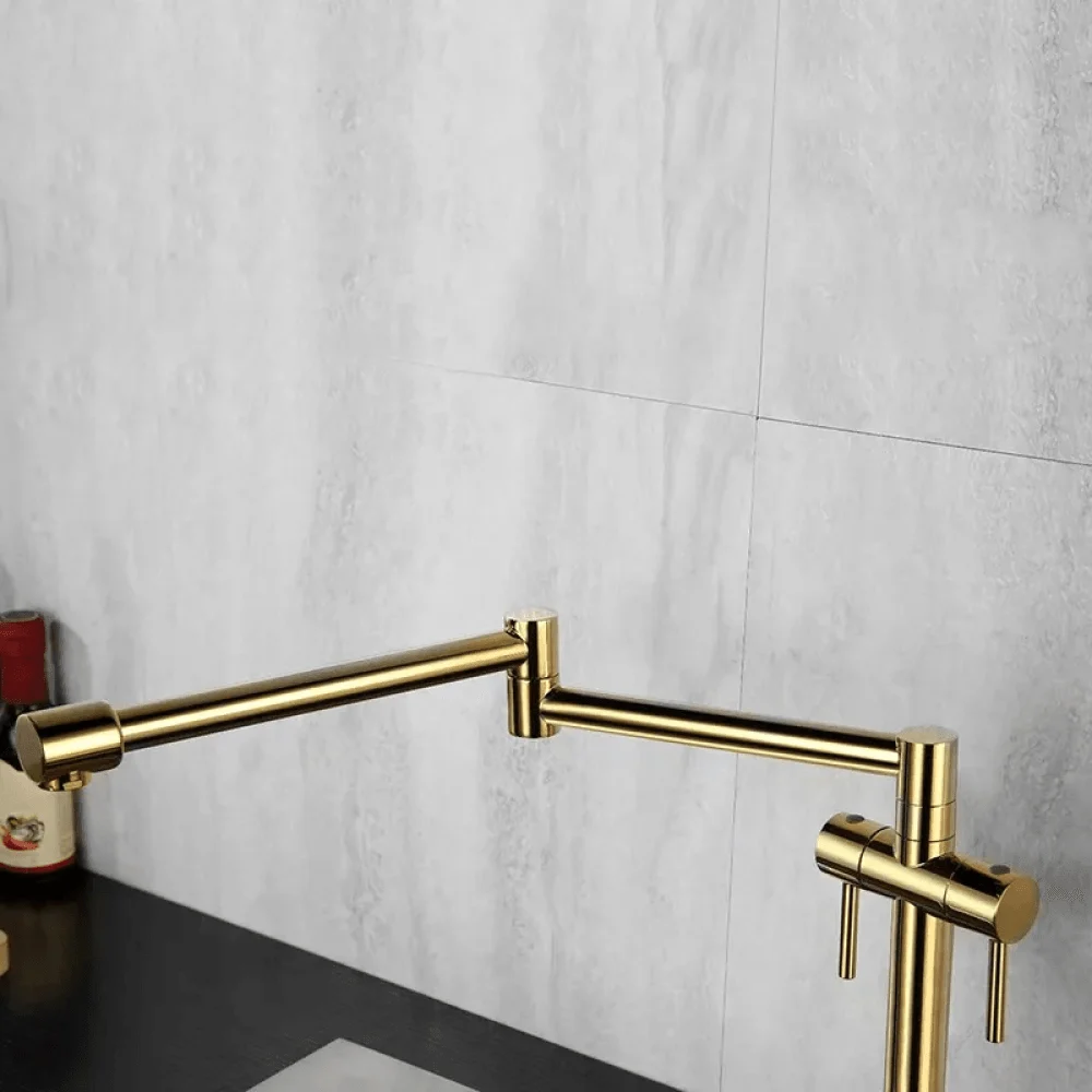 Contemporary Retractable Pot Filler Kitchen Tap in Gold Solid Brass -Bathlova