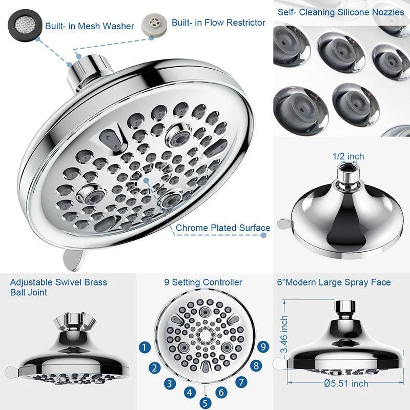 Contemporary Shower Combo Adjustable Shower Head Chrome Ceiling Mounted Round Shower Head -Bathlova