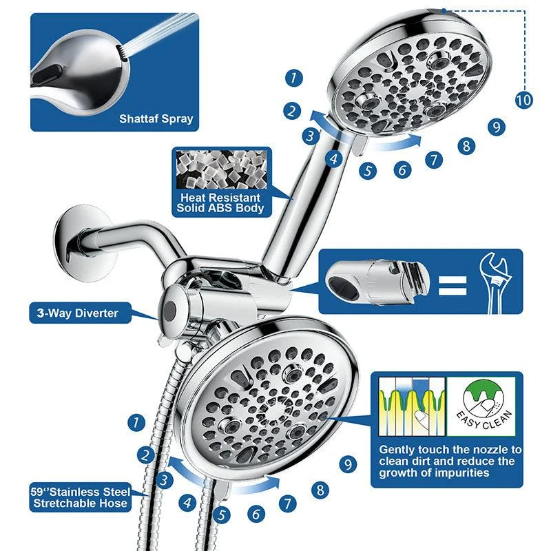 Contemporary Shower Combo Adjustable Shower Head Chrome Ceiling Mounted Round Shower Head -Bathlova