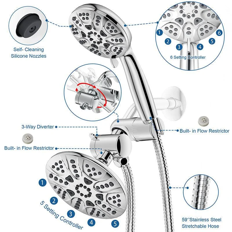 Contemporary Shower Combo Dual Shower Head Chrome Ceiling Mounted Round Shower Head -Bathlova