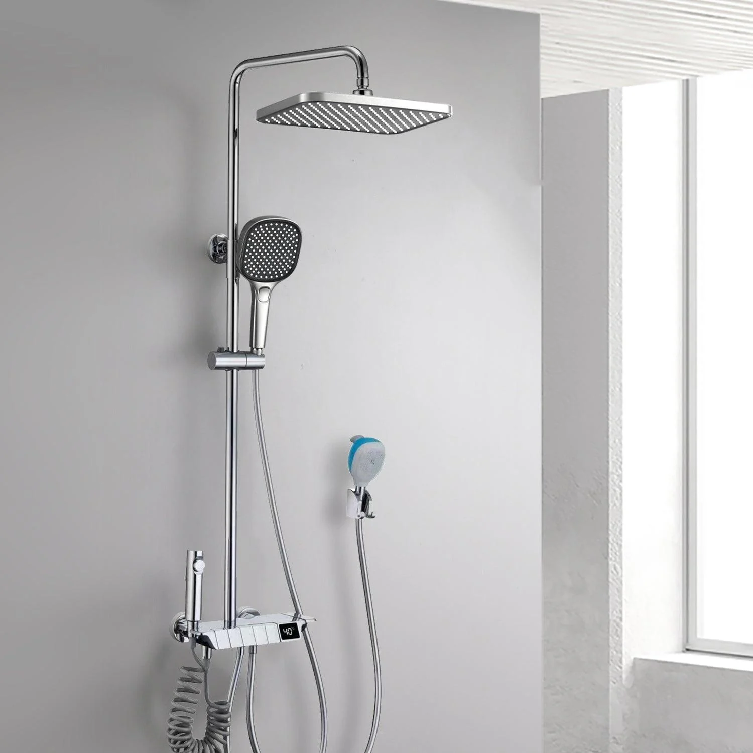 Contemporary Shower System Dual Shower Head Slide Bar Thermostatic Wall Mounted Shower Set -Bathlova