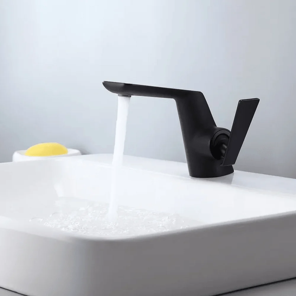 Contemporary Single Flat-Handle Bathroom Tap Sink Solid Brass in Matte Black -Bathlova