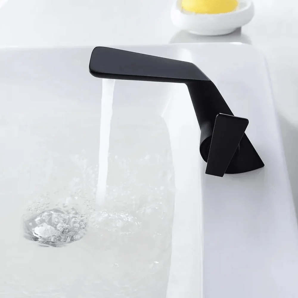 Contemporary Single Flat-Handle Bathroom Tap Sink Solid Brass in Matte Black -Bathlova