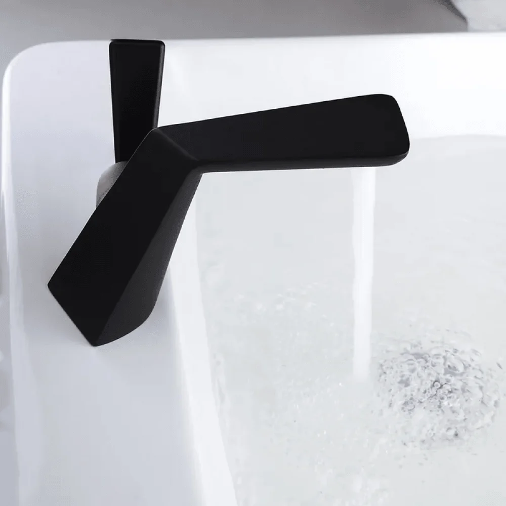 Contemporary Single Flat-Handle Bathroom Tap Sink Solid Brass in Matte Black -Bathlova