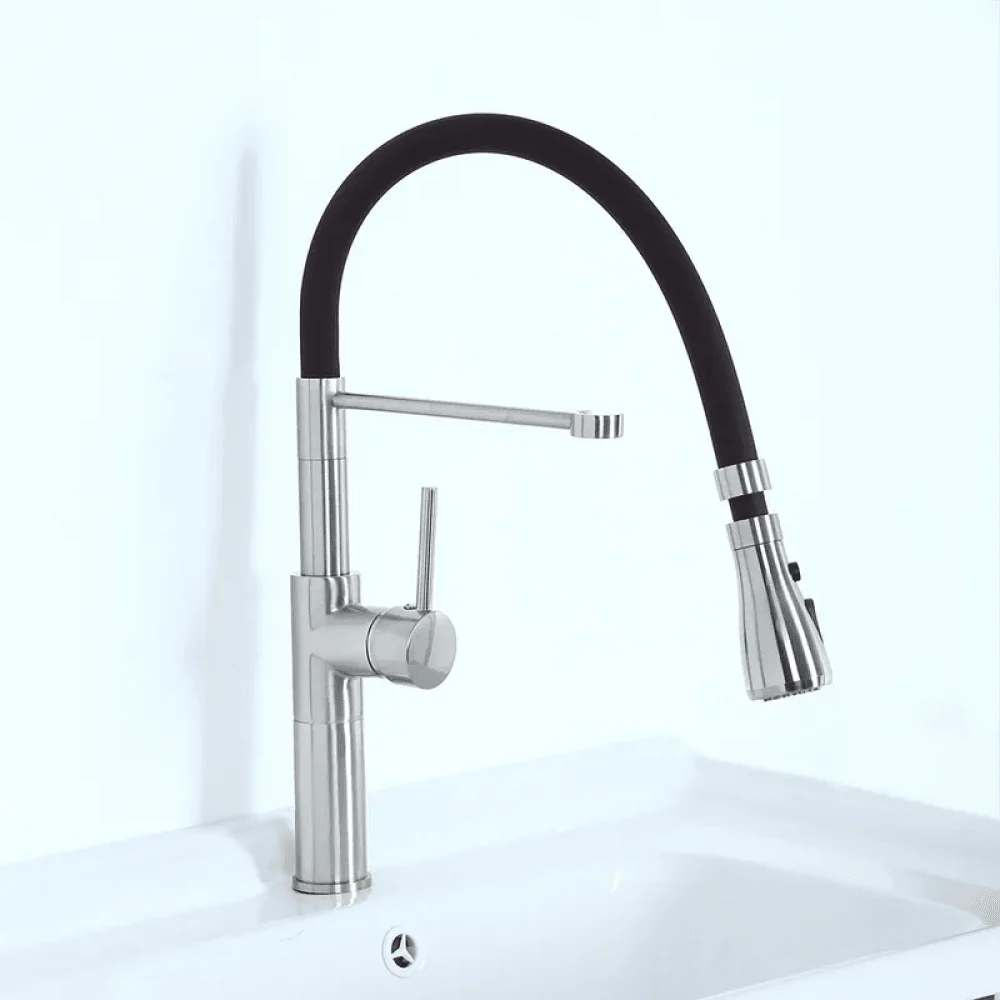 Contemporary Single Hole 1-Handle Kitchen Tap - Pull-Out Spout in Brushed Nickel -Bathlova