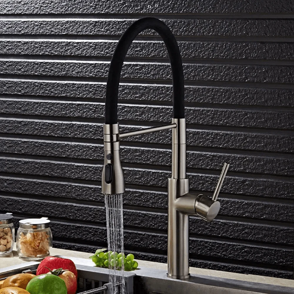 Contemporary Single Hole 1-Handle Kitchen Tap - Pull-Out Spout in Brushed Nickel -Bathlova