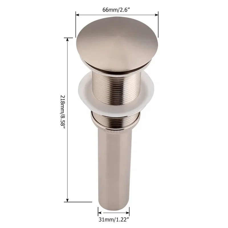 Contemporary Solid Brass Pop Up Drain in Brushed Nickel without Overflow -Bathlova