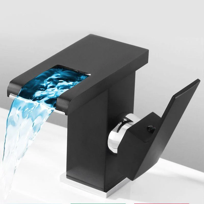 Contemporary Square Vessel Tap Waterfall Spout with LED Three-Color Light -Bathlova