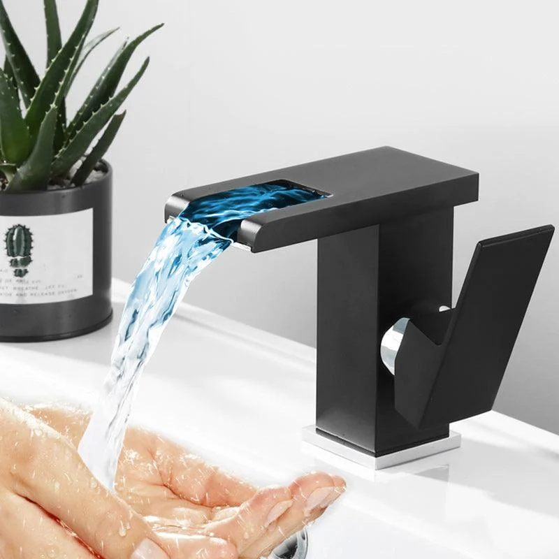 Contemporary Square Vessel Tap Waterfall Spout with LED Three-Color Light -Bathlova