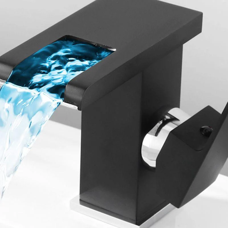 Contemporary Square Vessel Tap Waterfall Spout with LED Three-Color Light -Bathlova