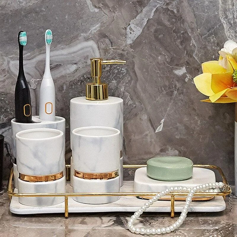 European Upscale Ceramic Bathroom Accessory Marble Bathroom Wash Set -Bathlova