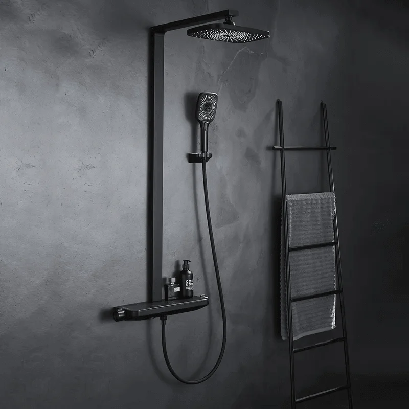 Exposed Solid Brass Rainfall Shower System with Hand shower & Stone Rack -Bathlova