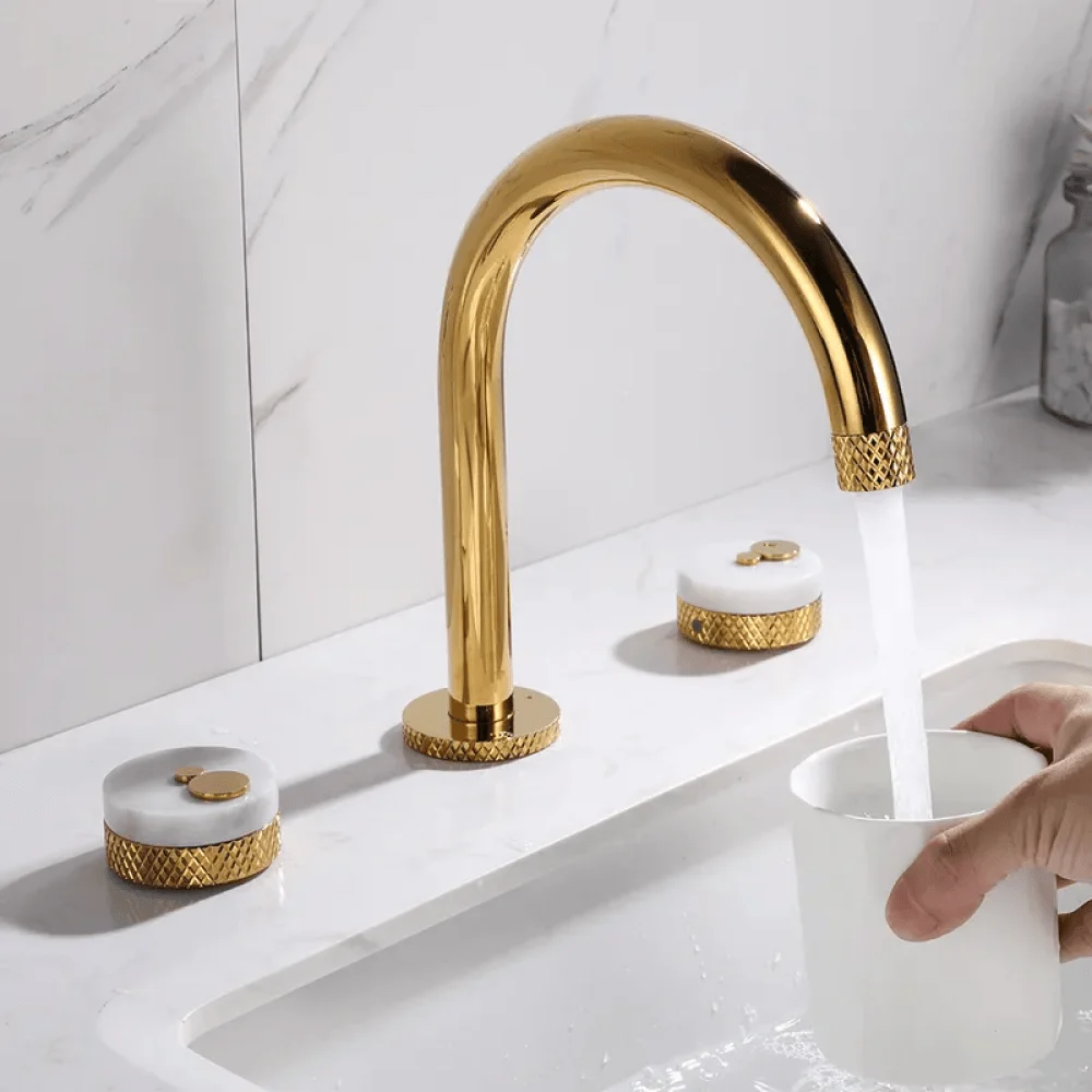 Gold Aerated Spout Widespread Bathroom Tap - Solid Brass Sink -Bathlova