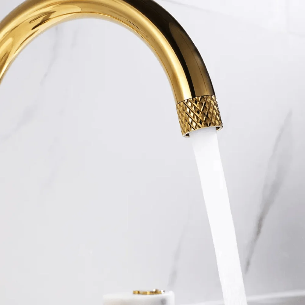 Gold Aerated Spout Widespread Bathroom Tap - Solid Brass Sink -Bathlova