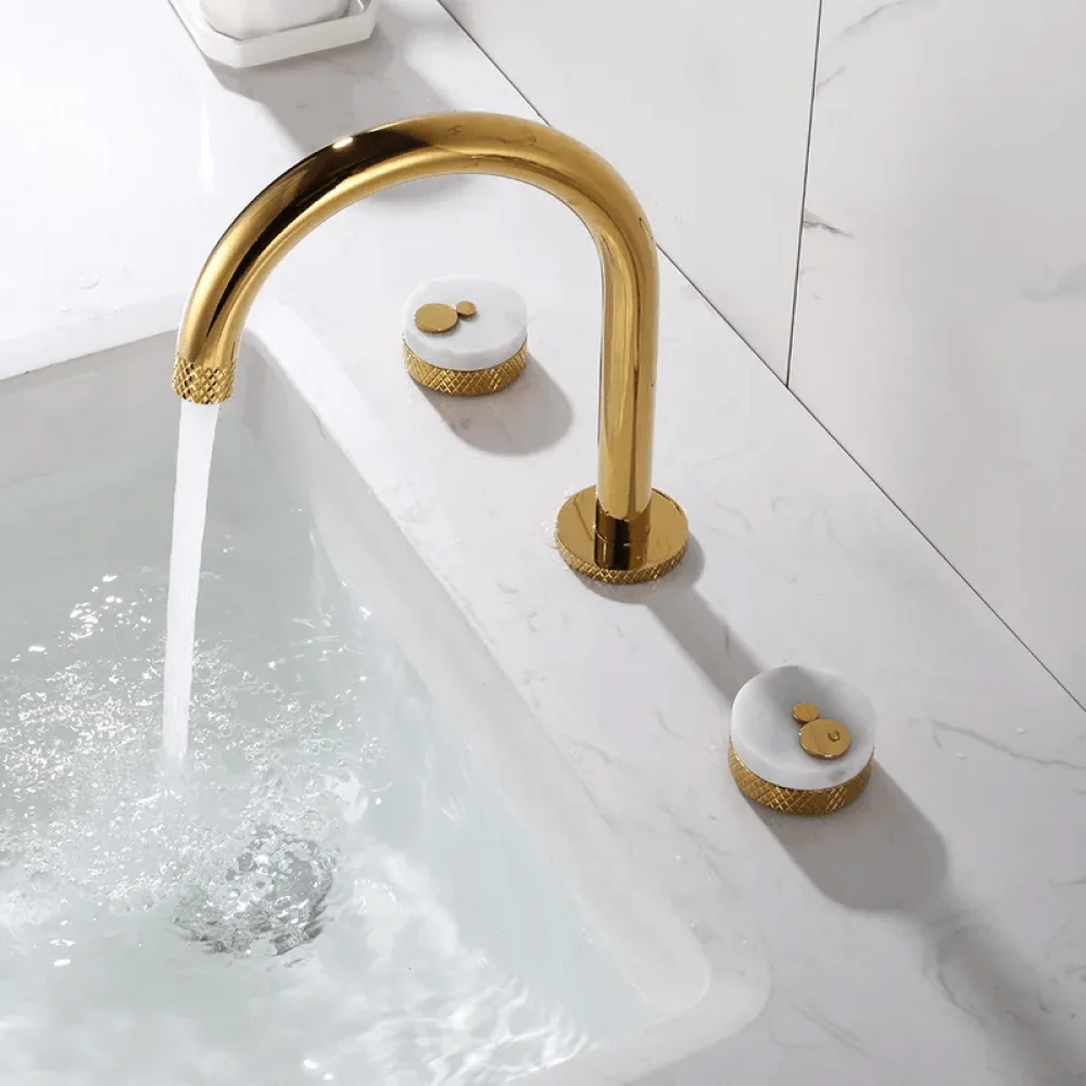 Gold Aerated Spout Widespread Bathroom Tap - Solid Brass Sink -Bathlova